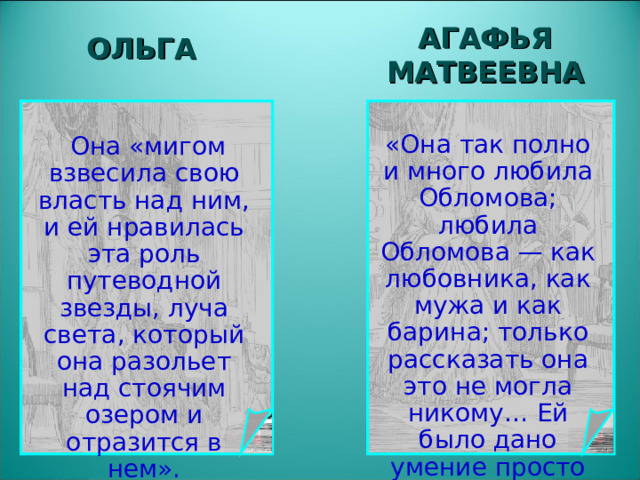 АГАФЬЯ МАТВЕЕВНА ОЛЬГА  «Она так полно и много любила Обломова; любила Обломова — как любовника, как мужа и как барина; только рассказать она это не могла никому… Ей было дано умение просто любить».   Она «мигом взвесила свою власть над ним, и ей нравилась эта роль путеводной звезды, луча света, который она разольет над стоячим озером и отразится в нем».  