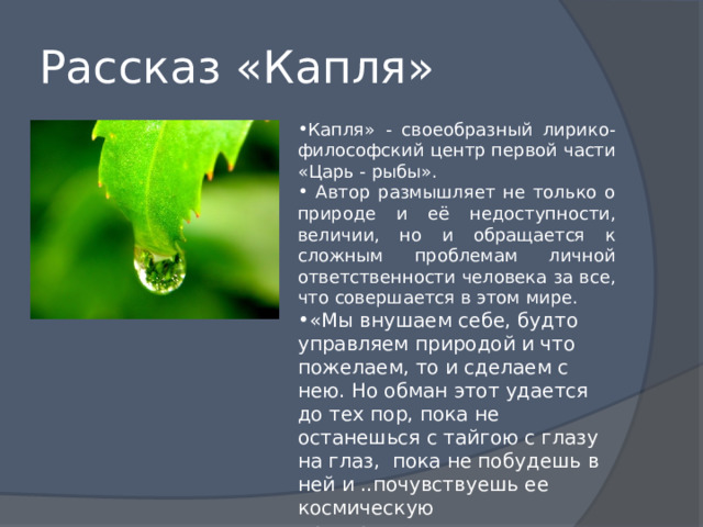 Рассказ «Капля» Капля» - своеобразный лирико-философский центр первой части «Царь - рыбы».  Автор размышляет не только о природе и её недоступности, величии, но и обращается к сложным проблемам личной ответственности человека за все, что совершается в этом мире. «Мы внушаем себе, будто управляем природой и что пожелаем, то и сделаем с нею. Но обман этот удается до тех пор, пока не останешься с тайгою с глазу на глаз, пока не побудешь в ней и ..почувствуешь ее космическую пространственность и величие». 