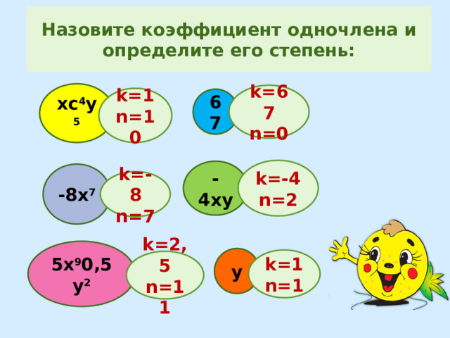 Назовите коэффициент одночлена и определите его степень: хс 4 у 5 k=67 n=0 k=1 n=10 67 k=-4 n=2 -4ху -8х 7 k=-8 n=7 5х 9 0,5у 2 у k=1 n=1 k=2,5 n=11 