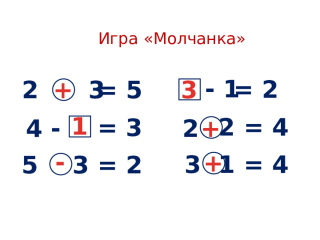   Игра «Молчанка»  - 1 = 2 3 = 5 2 3 + 1 2 = 4 = 3 + 4 - 2 - + 1 = 4 3 3 = 2 5 