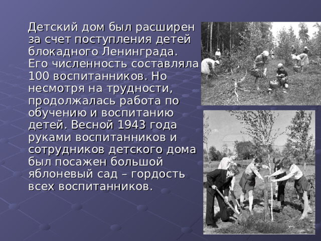  Детский дом был расширен за счет поступления детей блокадного Ленинграда. Его численность составляла 100 воспитанников. Но несмотря на трудности, продолжалась работа по обучению и воспитанию детей. Весной 1943 года руками воспитанников и сотрудников детского дома был посажен большой яблоневый сад – гордость всех воспитанников. 