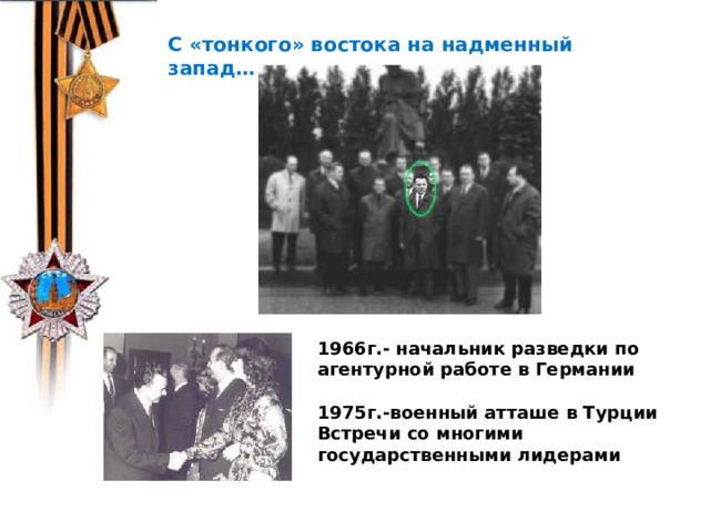 В 1974 г. китайский крестьянин Янь джи ван решил выкопать на своем участке колодец. На глубине 5 метров Янь Дживан наткнулся на статую древнего воина в полный рост.    С «тонкого» востока на надменный запад… 1966г.- начальник разведки по агентурной работе в Германии  1975г.-военный атташе в Турции Встречи со многими государственными лидерами 