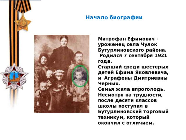 В 1974 г. китайский крестьянин Янь джи ван решил выкопать на своем участке колодец. На глубине 5 метров Янь Дживан наткнулся на статую древнего воина в полный рост.    Начало биографии Митрофан Ефимович -уроженец села Чулок Бутурлиновского района.  Родился 7 сентября 1921 года. Старший среди шестерых детей Ефима Яковлевича, и Аграфены Дмитриевны Черных. Семья жила впроголодь. Несмотря на трудности, после десяти классов школы поступил в Бутурлиновский торговый техникум, который окончил с отличием. 