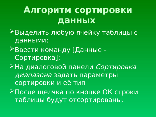 Алгоритм сортировки данных Выделить любую ячейку таблицы с данными; Ввести команду [Данные - Сортировка]; На диалоговой панели Сортировка диапазона задать параметры сортировки и её тип После щелчка по кнопке ОК строки таблицы будут отсортированы. 