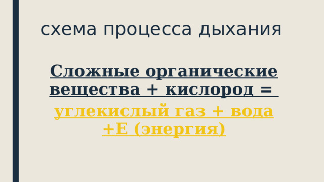 схема процесса дыхания Сложные органические вещества + кислород = углекислый газ + вода +Е (энергия) 