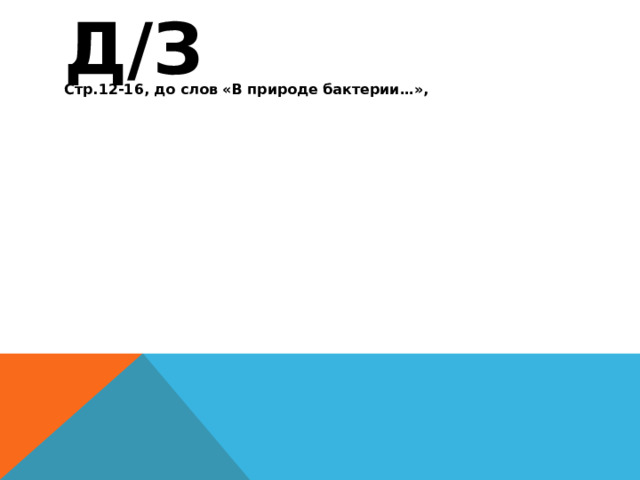 Д/З Стр.12-16, до слов «В природе бактерии…», 