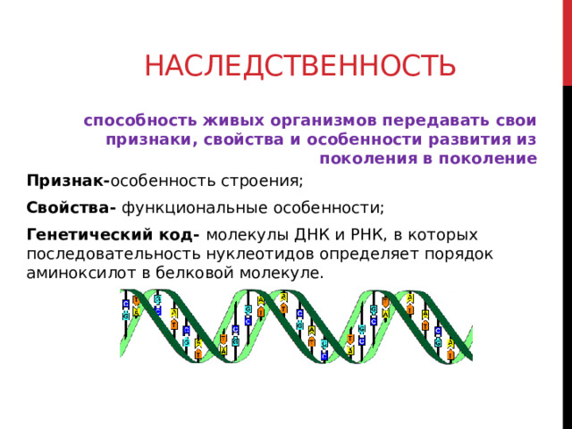 Наследственность способность живых организмов передавать свои признаки, свойства и особенности развития из поколения в поколение Признак- особенность строения; Свойства- функциональные особенности; Генетический код- молекулы ДНК и РНК, в которых последовательность нуклеотидов определяет порядок аминоксилот в белковой молекуле. 