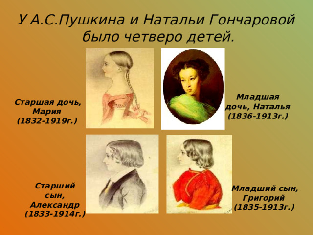 У А.С.Пушкина и Натальи Гончаровой  было четверо детей. Младшая дочь, Наталья (1836-1913г.) Старшая дочь, Мария (1832-1919г.) Старший сын, Александр (1833-1914г.) Младший сын, Григорий (1835-1913г.)  