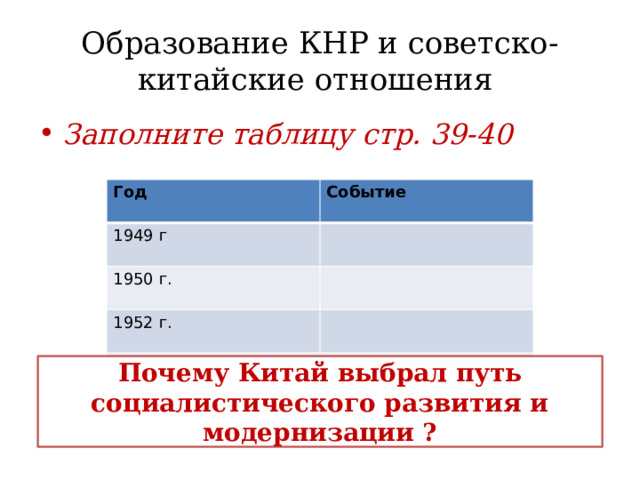 Образование КНР и советско-китайские отношения Заполните таблицу стр. 39-40  Год Событие 1949 г 1950 г. 1952 г. Почему Китай выбрал путь социалистического развития и модернизации ? 