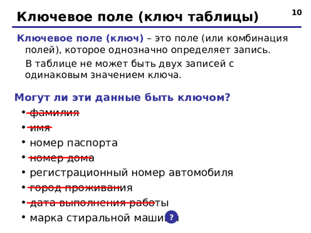  Ключевое поле (ключ таблицы) Ключевое поле (ключ) – это поле (или комбинация полей), которое однозначно определяет запись.  В таблице не может быть двух записей с одинаковым значением ключа. Могут ли эти данные быть ключом? фамилия имя номер паспорта номер дома регистрационный номер автомобиля город проживания дата выполнения работы марка стиральной машины фамилия имя номер паспорта номер дома регистрационный номер автомобиля город проживания дата выполнения работы марка стиральной машины ?  