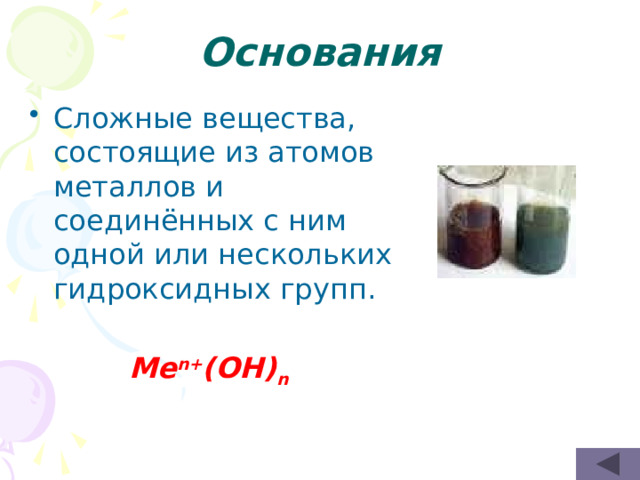 Основания Сложные вещества, состоящие из атомов металлов и соединённых с ним одной или нескольких гидроксидных групп.  Ме n+ (ОН) n 