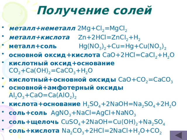 Получение солей металл+неметалл 2Mg+Cl 2 =MgCl 2 металл+кислота Zn+2HCl=ZnCI 2 +H 2 металл+соль Hg(NO 3 ) 2 +Cu=Hg+Cu(NO 3 ) 2 основной оксид+кислота CaO+2HCl=CaCl 2 +H 2 O кислотный оксид+основание CO 2 +Ca(OH) 2 =CaCO 3 +H 2 O кислотный+основной оксиды CaO+CO 2 =CaCO 3 основной+амфотерный оксиды Al 2 O 3 +CaO=Ca(AlO 2 ) 2 кислота+основание H 2 SO 4 +2NaOH=Na 2 SO 4 +2H 2 O соль+соль AgNO 3 +NaCl=AgCl+NaNO 3 соль+щелочь CuSO 4 +2NaOH=Cu(OH) 2 +Na 2 SO 4 соль+кислота Na 2 CO 3 +2HCl=2NaCl+H 2 O+CO 2 