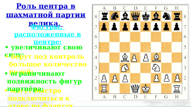 Роль центра в шахматной партии велика. Фигуры, расположенные в центре: • увеличивают свою силу; • берут под контроль большое количество полей; • ограничивают подвижность фигур партнёра; • могут быстро подключиться к атаке на флангах. 