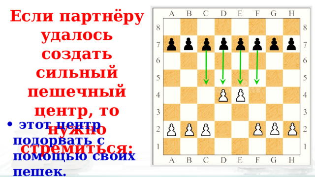 Если партнёру удалось создать сильный пешечный центр, то нужно стремиться: • этот центр подорвать с помощью своих пешек. 