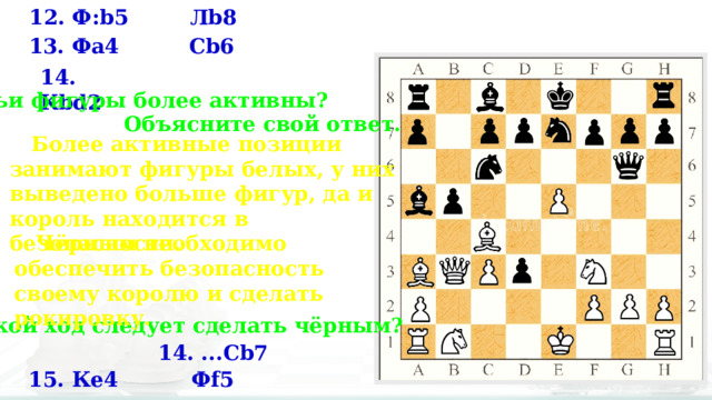 Лb8 12. Ф:b5 13. Фа4 Сb6 14. Kbd2 Чьи фигуры более активны? Объясните свой ответ.  Более активные позиции занимают фигуры белых, у них выведено больше фигур, да и король находится в безопасности.  Чёрным необходимо обеспечить безопасность своему королю и сделать рокировку. Какой ход следует сделать чёрным? 14. ...Cb7 Фf5 15. Ке4 
