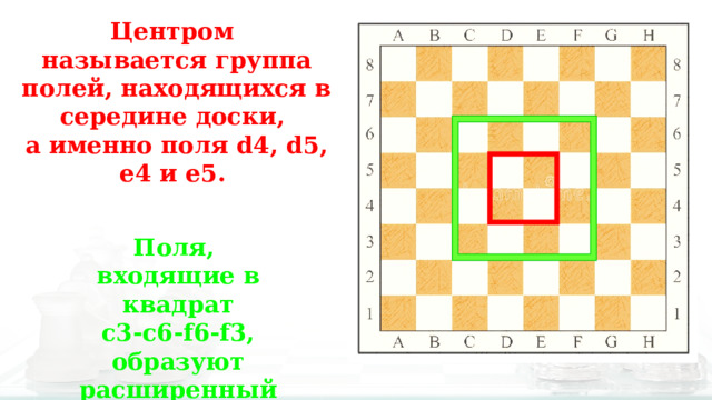 Центром называется группа полей, находящихся в середине доски, а именно поля d4, d5, е4 и е5. Поля, входящие в квадрат c3-c6-f6-f3,  образуют расширенный центр. 