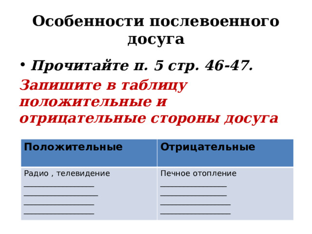 Особенности послевоенного досуга презентация