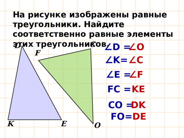На рисунке изображены равные треугольники. Найдите соответственно равные элементы этих треугольников. C ∠ D = ∠ O D F ∠ C ∠ K= ∠ F ∠ E = FC = KE  CO = DK FO= DE  E K O 