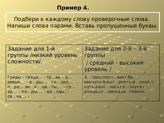 Пример 4. Подбери к каждому слову проверочные слова. Напиши слова парами. Вставь пропущенные буквы. Задание для 1-й группы /низкий уровень сложности/.  Задание для 2-й – 3-й группы  / средний - высокий уровень / Гряды – гряда… - тр…ва – д…ревья,… - р…ды,… - гн…здо,… - п…ро,…зм…я,…цв…ты,… - гр…за,… - пл…ды,… - др…зды,… - св…ча,… - Х…трец,посп…вает,бр…венчатый,выт…рпеть,м…сной,т…нуть,разл…лась,гр…знуля,г…рчица,сл…зинка,ш…повник. 