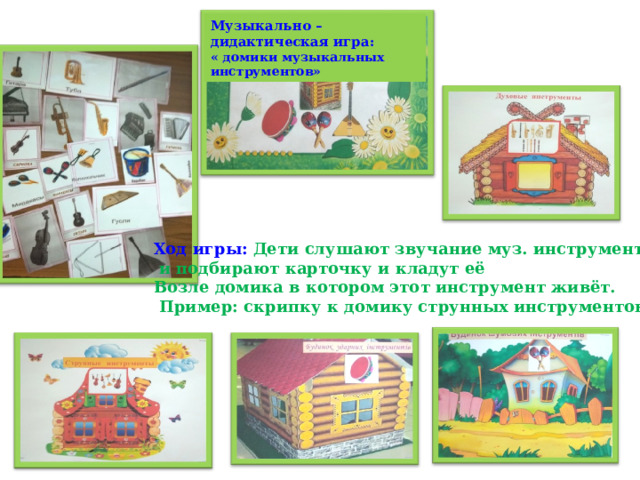 Музыкально – дидактическая игра: « домики музыкальных инструментов» Ход игры: Дети слушают звучание муз. инструмента  и подбирают карточку и кладут её Возле домика в котором этот инструмент живёт.  Пример: скрипку к домику струнных инструментов. 