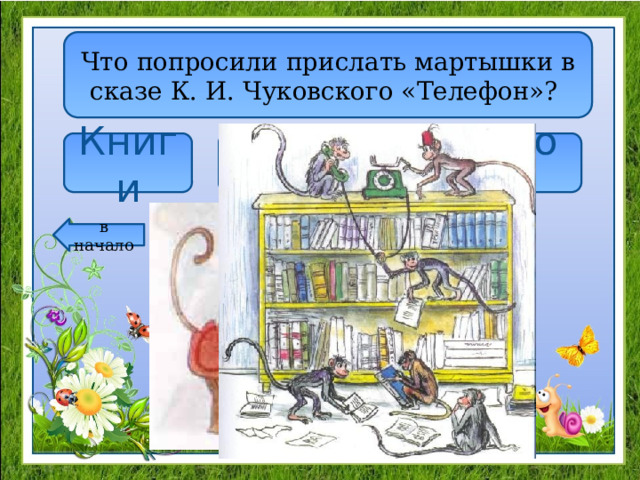 Что попросили прислать мартышки в сказе К. И. Чуковского «Телефон»? Книги Шоколад Калоши в начало 
