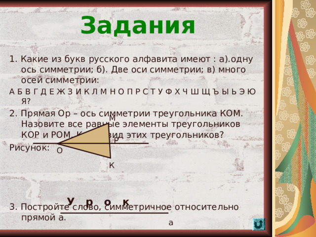 Задания 1. Какие из букв русского алфавита имеют : а).одну ось симметрии; б). Две оси симметрии; в) много осей симметрии: А Б В Г Д Е Ж З И К Л М Н О П Р С Т У Ф Х Ч Ш Щ Ъ Ы Ь Э Ю Я? 2. Прямая Ор – ось симметрии треугольника КОМ. Назовите все равные элементы треугольников КОР и РОМ. Каков вид этих треугольников? Рисунок: 3. Постройте слово, симметричное относительно прямой а.  М Р О К У р о к а  