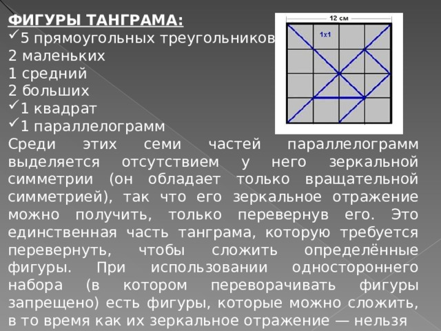 ФИГУРЫ ТАНГРАМА: 5 прямоугольных треугольников: 2 маленьких 1 средний 2 больших 1 квадрат 1 параллелограмм Среди этих семи частей параллелограмм выделяется отсутствием у него зеркальной симметрии (он обладает только вращательной симметрией), так что его зеркальное отражение можно получить, только перевернув его. Это единственная часть танграма, которую требуется перевернуть, чтобы сложить определённые фигуры. При использовании одностороннего набора (в котором переворачивать фигуры запрещено) есть фигуры, которые можно сложить, в то время как их зеркальное отражение — нельзя 