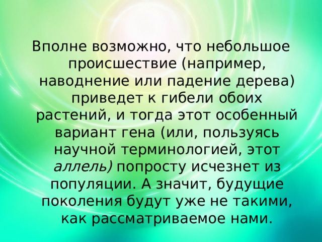 Вполне возможно, что небольшое происшествие (например, наводнение или падение дерева) приведет к гибели обоих растений, и тогда этот особенный вариант гена (или, пользуясь научной терминологией, этот аллель) попросту исчезнет из популяции. А значит, будущие поколения будут уже не такими, как рассматриваемое нами. 