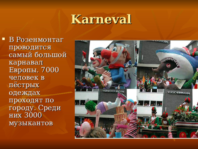  Karneval В Розенмонтаг проводится самый большой карнавал Европы. 7000 человек в пёстрых одеждах проходят по городу. Среди них 3000 музыкантов 