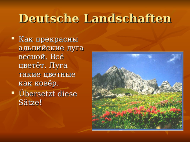 Deutsche Landschaften Как прекрасны альпийские луга весной. Всё цветёт. Луга такие цветные как ковёр. Übersetzt diese Sätze! 