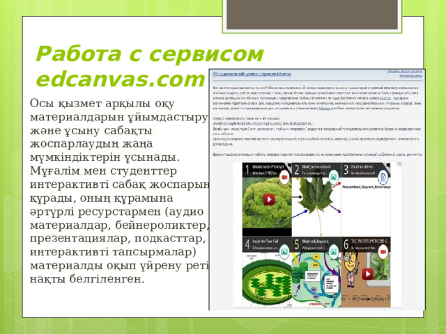 Работа с сервисом edcanvas.com   Осы қызмет арқылы оқу материалдарын ұйымдастыру және ұсыну сабақты жоспарлаудың жаңа мүмкіндіктерін ұсынады. Мұғалім мен студенттер интерактивті сабақ жоспарын құрады, оның құрамына әртүрлі ресурстармен (аудио материалдар, бейнероликтер, презентациялар, подкасттар, интерактивті тапсырмалар) материалды оқып үйрену реті нақты белгіленген. 