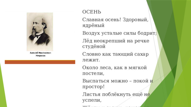 Славная осень здоровый ядреный. Лёд неокрепший на речке студёной словно как тающий сахар лежит. Славная осень здоровый ядреный воздух усталые силы бодрит. Славная осень здоровый ядреный лёд неокрепший на речке студёной.