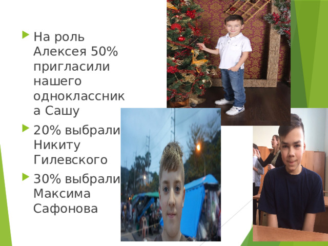На роль Алексея 50% пригласили нашего одноклассника Сашу 20% выбрали Никиту Гилевского 30% выбрали Максима Сафонова 