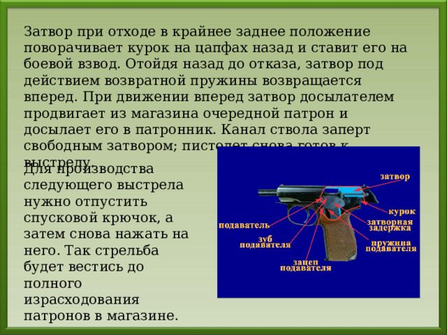 Затвор при отходе в крайнее заднее положение поворачивает курок на цапфах назад и ставит его на боевой взвод. Отойдя назад до отказа, затвор под действием возвратной пружины возвращается вперед. При движении вперед затвор досылателем продвигает из магазина очередной патрон и досылает его в патронник. Канал ствола заперт свободным затвором; пистолет снова готов к выстрелу. Для производства следующего выстрела нужно отпустить спусковой крючок, а затем снова нажать на него. Так стрельба будет вестись до полного израсходования патронов в магазине. 
