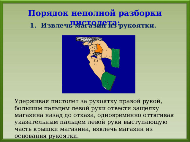 Порядок неполной разборки пистолета: 1. Извлечь магазин из рукоятки. Удерживая пистолет за рукоятку правой рукой, большим пальцем левой руки отвести защелку магазина назад до отказа, одновременно оттягивая указательным пальцем левой руки выступающую часть крышки магазина, извлечь магазин из основания рукоятки. 