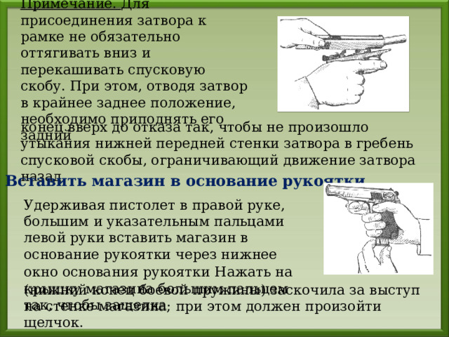Примечание. Для присоединения затвора к рамке не обязательно оттягивать вниз и перекашивать спусковую скобу. При этом, отводя затвор в крайнее заднее положение, необходимо приподнять его задний конец вверх до отказа так, чтобы не произошло утыкания нижней передней стенки затвора в гребень спусковой скобы, ограничивающий движение затвора назад. 3. Вставить магазин в основание рукоятки Удерживая пистолет в правой руке, большим и указательным пальцами левой руки вставить магазин в основание рукоятки через нижнее окно основания рукоятки  Нажать на крышку магазина большим пальцем так, чтобы защелка (нижний конец боевой пружины) заскочила за выступ на стенке магазина; при этом должен произойти щелчок. 