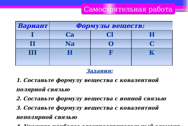 Самостоятельная работа Вариант Формулы веществ: I II Ca Na III Cl Н O H C  F К Задания: 1. Составьте формулу вещества с ковалентной полярной связью 2. Составьте формулу вещества с ионной связью 3. Составьте формулу вещества с ковалентной неполярной связью 4. Укажите наиболее электроотрицательный элемент 5. Укажите наименее электроотрицательный элемент 