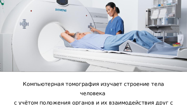 Компьютерная томография изучает строение тела человека с учётом положения органов и их взаимодействия друг с другом. 