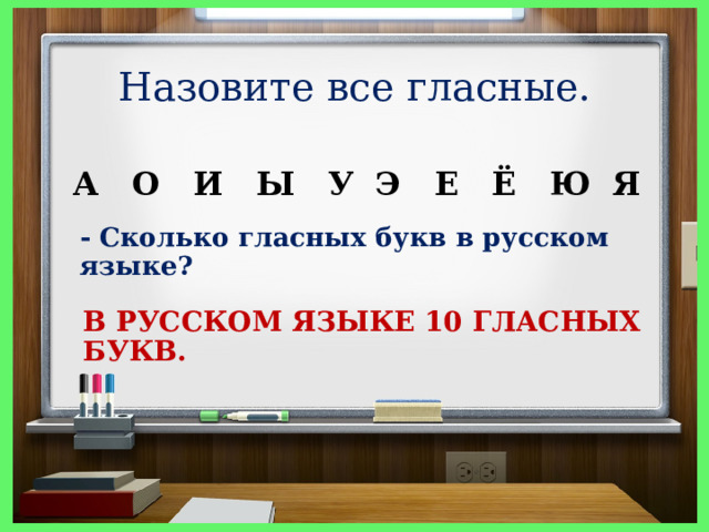 Назовите все гласные. А О И Ы У Э Е Ё Ю Я - Сколько гласных букв в русском языке? В РУССКОМ ЯЗЫКЕ 10 ГЛАСНЫХ БУКВ. 