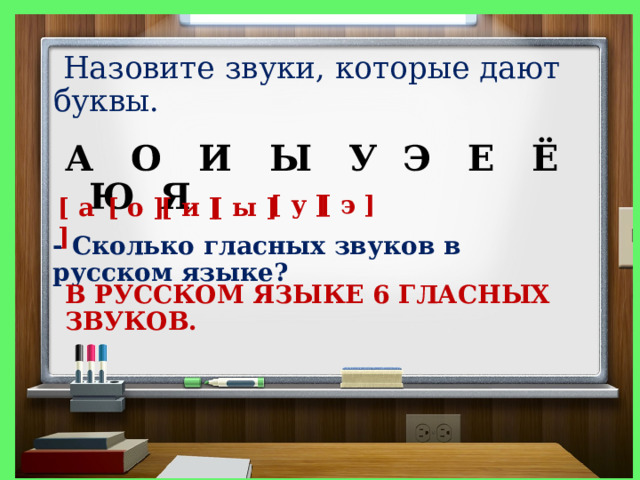  Назовите звуки, которые дают буквы. А О И Ы У Э Е Ё Ю Я  [ у ]  [ э ] [ а ] [ и ]  [ о ] [ ы ]   - Сколько гласных звуков в русском языке? В РУССКОМ ЯЗЫКЕ 6 ГЛАСНЫХ ЗВУКОВ. 