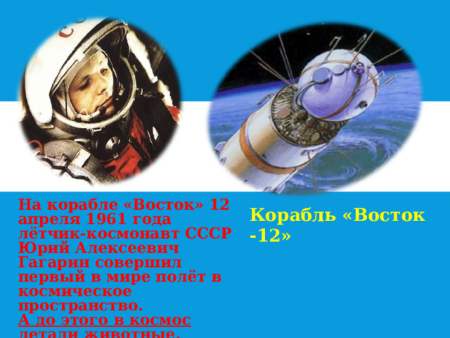 На корабле «Восток» 12 апреля 1961 года лётчик-космонавт СССР Юрий Алексеевич Гагарин совершил первый в мире полёт в космическое пространство. А до этого в космос летали животные.  Корабль «Восток -12» 