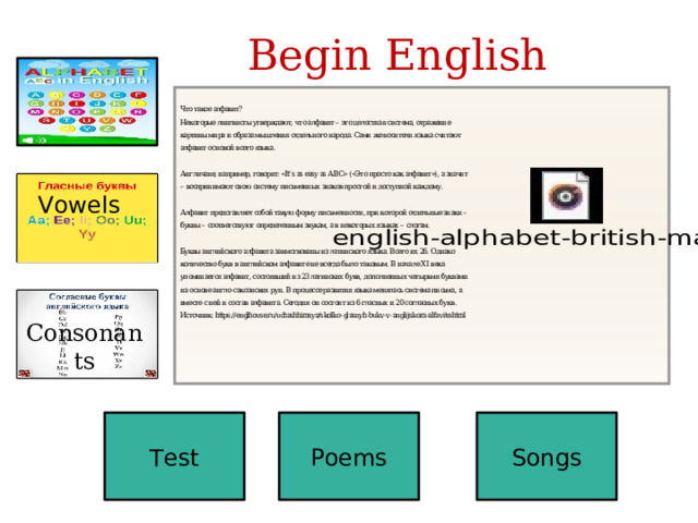 Begin English Vowels Vowels Consonants Test Poems Songs 