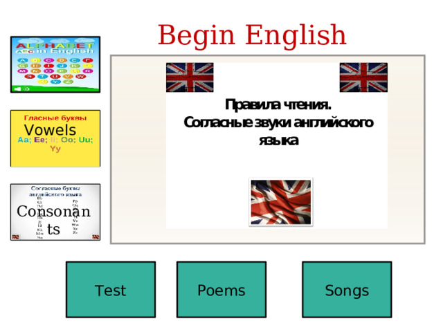 Begin English Vowels Vowels Consonants Test Poems Songs 