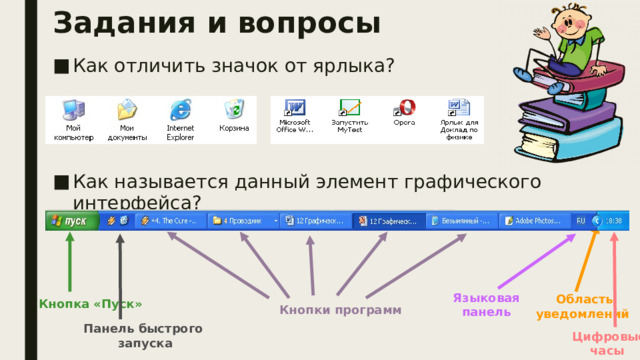 Задания и вопросы Как отличить значок от ярлыка? Как называется данный элемент графического интерфейса? Кнопка «Пуск» Языковая  панель Область  уведомлений  Кнопки программ Панель быстрого  запуска Цифровые  часы  