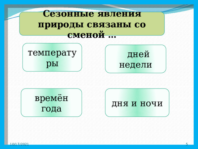Сезонные явления природы связаны со сменой … температуры   дней недели времён года дня и ночи 10/17/2021  