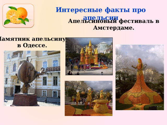 Интересные факты про апельсин Апельсиновый фестиваль в Амстердаме. Памятник апельсину в Одессе. 