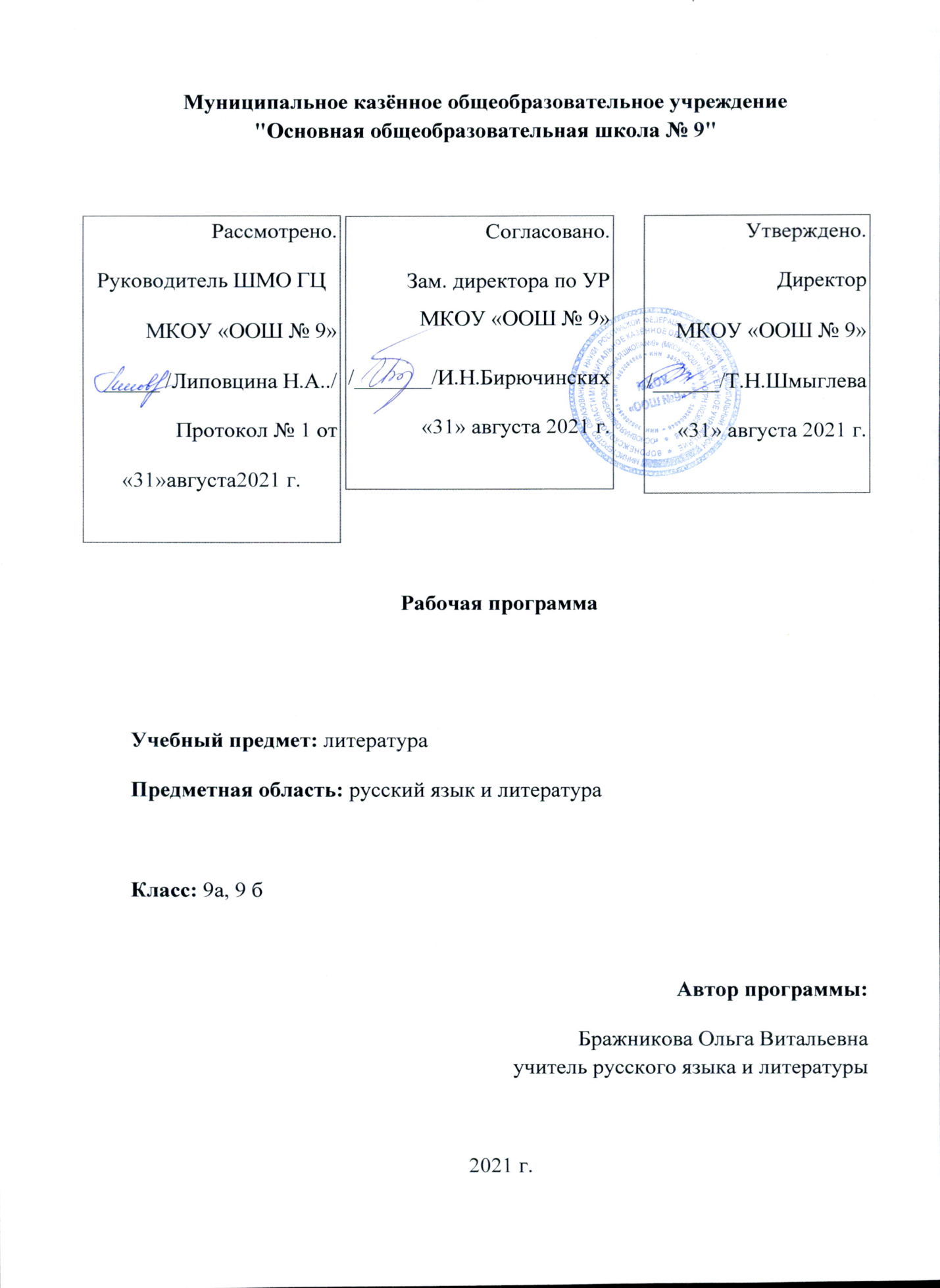 Рабочая программа по литературе в 9 классе