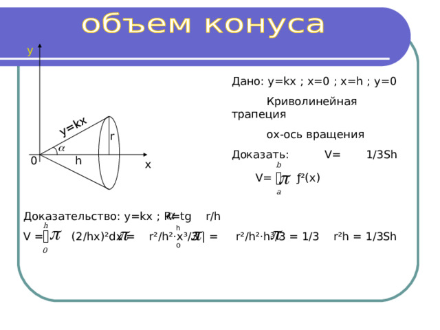 y=kx y Дано: y=kx ; x=0 ; x=h ; y=0  Криволинейная трапеция  ox- ось вращения Доказать: V= 1 /3Sh r  h 0 x b  т V= ƒ²(x) a  Доказательство: y=kx ; R=tg r/h V = (2/hx)²dx = r²/h²·x³/3 | = r²/h²·h³/3 = 1/3 r²h = 1/3Sh h  h    т o 0 
