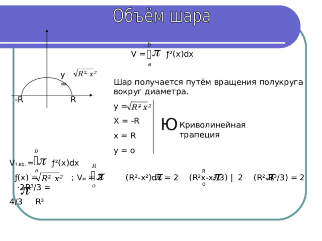 b  т V = ƒ²(x)dx a y =  R ² x ² Шар получается путём вращения полукруга вокруг диаметра. y = X = -R x = R y = o R -R  x ² R ² Ю Криволинейная трапеция b  т V т.вр. = ƒ²(x)dx   ƒ (х) = ; V м = 2 ( R²-x²)dx = 2 (R²x-x³/3) | 2 (R²-R³/3) = 2 ·2R³/3 = 4/3 R³ R R     a т  x ² R ²  o o 