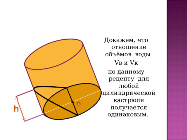 о Докажем, что отношение объёмов воды V в и V к по данному рецепту для любой цилиндрической кастрюли получается одинаковым. 